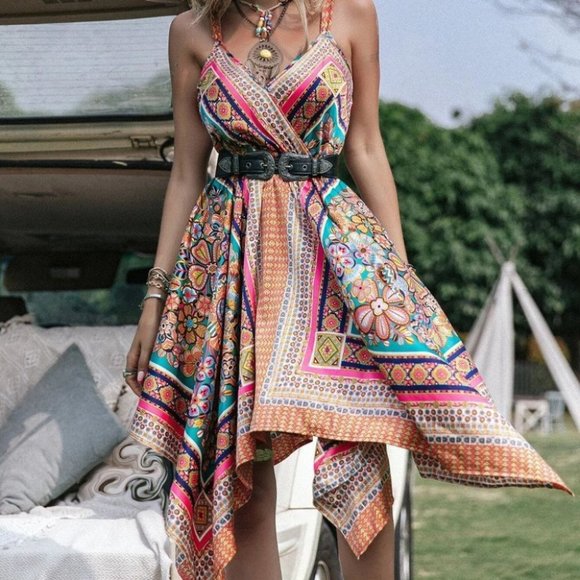 Boho Floral Print Satin Asymmetrical Hem Dress - Picture 2 of 7